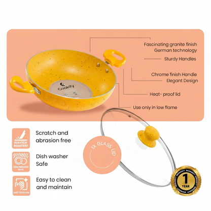 Cookify Lara Non-Stick Kadai, 24 cm, Spatter Coated, Amber Yellow