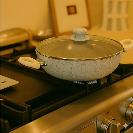 Cookify Lara Non-Stick Kadai, 24 cm, Spatter Coated, Ivory