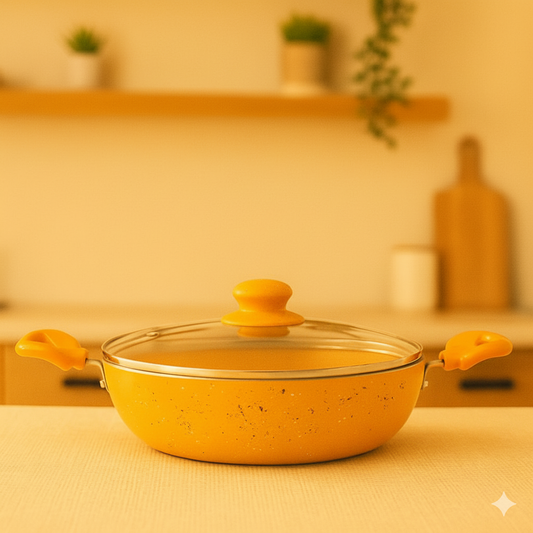 Cookify Lara Non-Stick Kadai, 24 cm, Spatter Coated, Amber Yellow