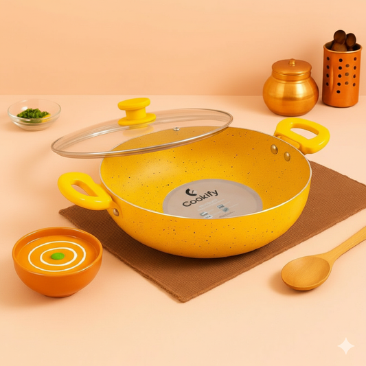 Cookify Lara Non-Stick Kadai, 24 cm, Spatter Coated, Amber Yellow