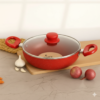 Cookify Lara Non-Stick Kadai, 24 cm, Spatter Coated,Cherry Red